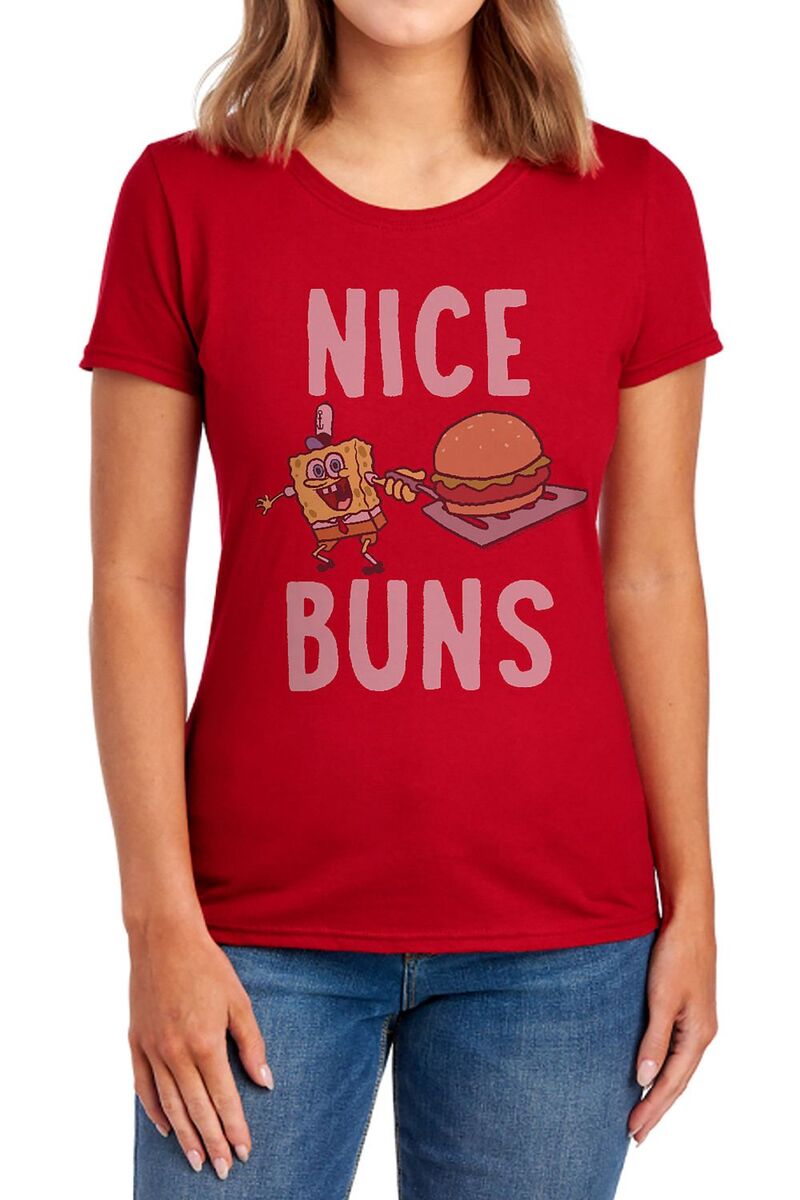 アニメキャラクター レディース トップス Tシャツ パンツ グラフィック Licensed Character Juniors' SpongeBob SquarePants Krabby Patty "Nice Buns" Graphic Tee Red レッド