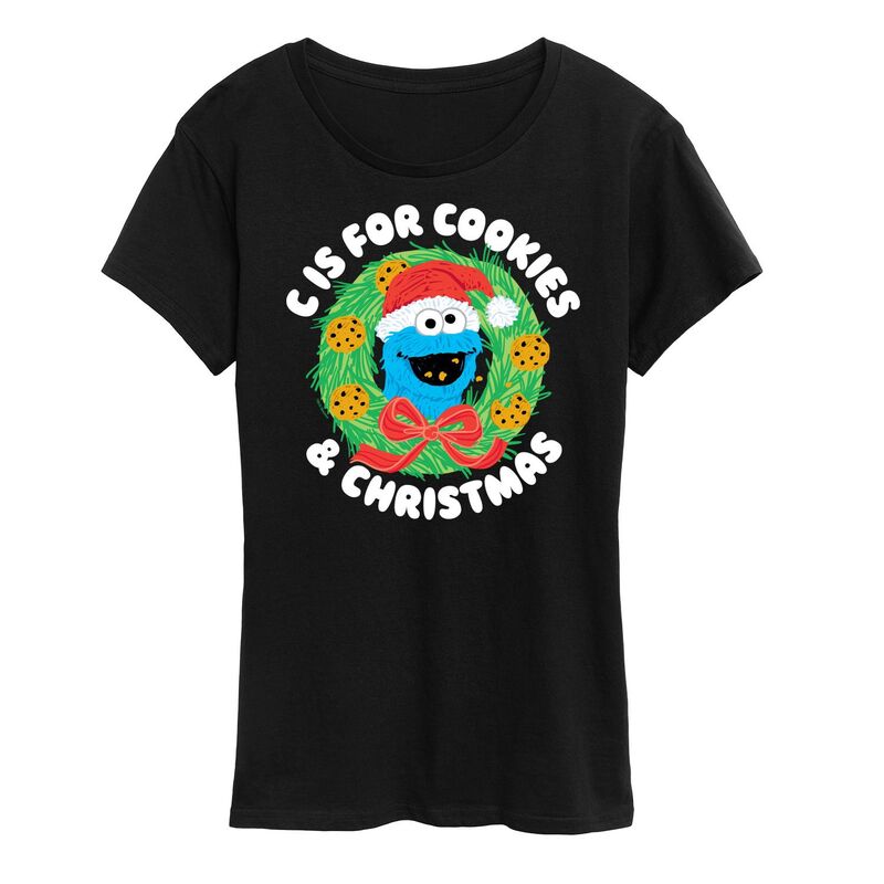 アニメキャラクター レディース トップス Tシャツ グラフィック Licensed Character Women'sesame Street Cookies Christmas Graphic Tee Black ブラック