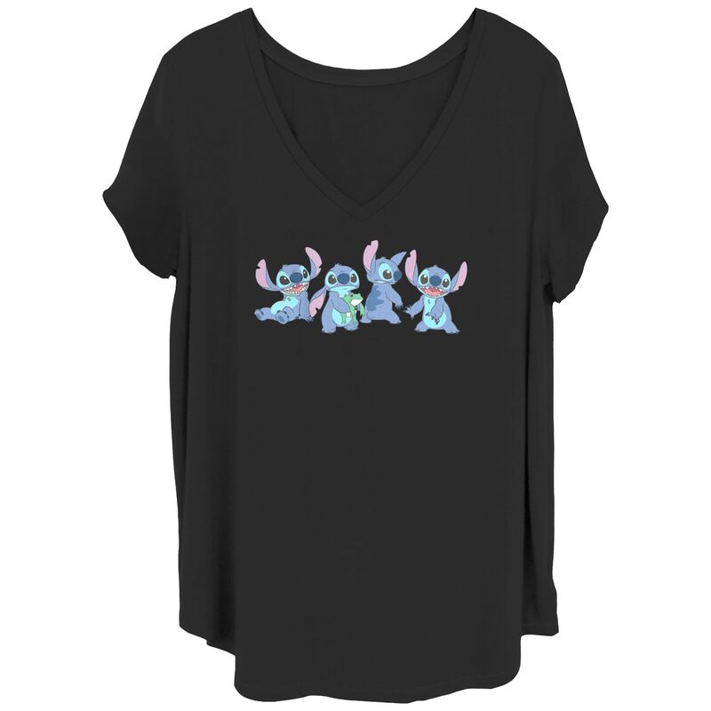 ディズニー レディース トップス Tシャツ Vネック プラスサイズ Disney's Lilo & Stitch Juniors' Plusize Various Posestitch V-Neck Tee Black ブラック