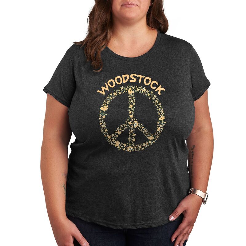 アニメキャラクター レディース トップス Tシャツ プラスサイズ グラフィック Licensed Character Plusize Peanuts Peace Sign Color Art Graphic Tee Heather Charcoal チャコール