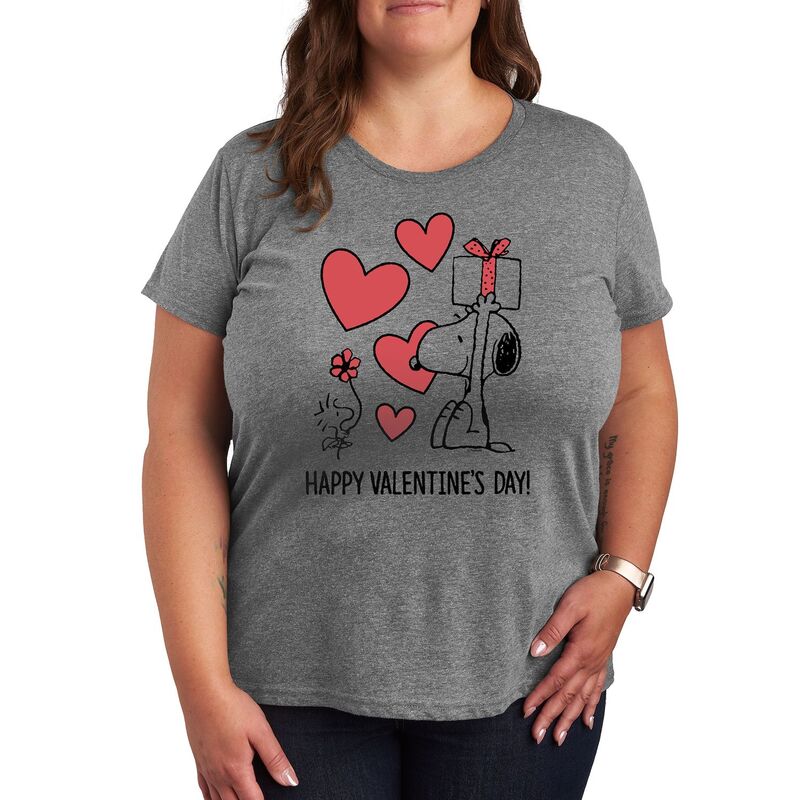 アニメキャラクター レディース トップス Tシャツ プラスサイズ グラフィック Licensed Character Plus Peanutsnoopy & Woodstock Happy Valentine's Day Graphic Tee Heather Gray グレー