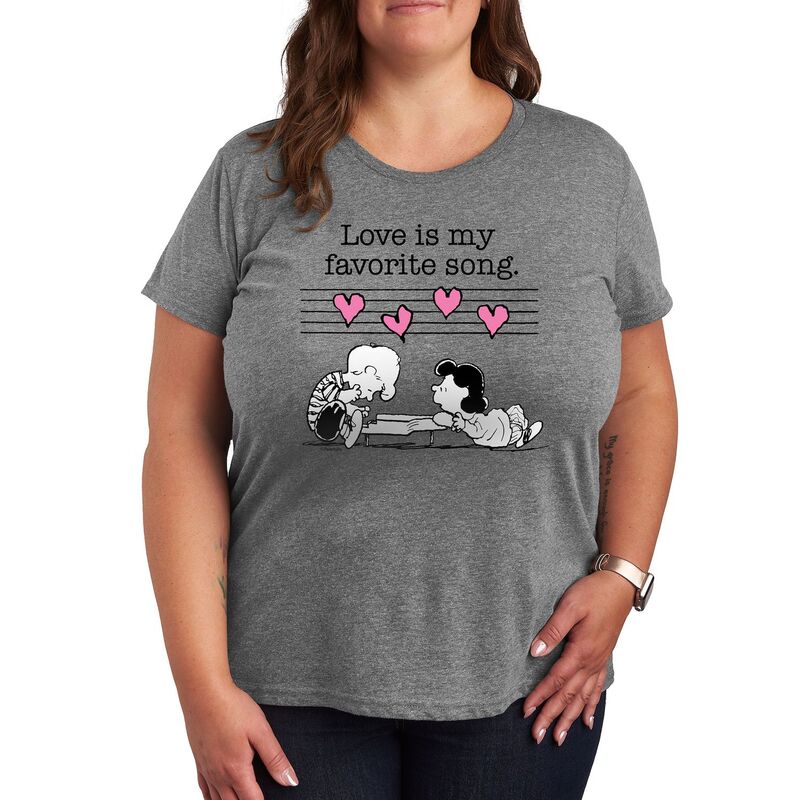 アニメキャラクター レディース トップス Tシャツ プラスサイズ グラフィック Licensed Character Plusize Peanuts Valentines Piano Graphic Tee Heather Gray グレー