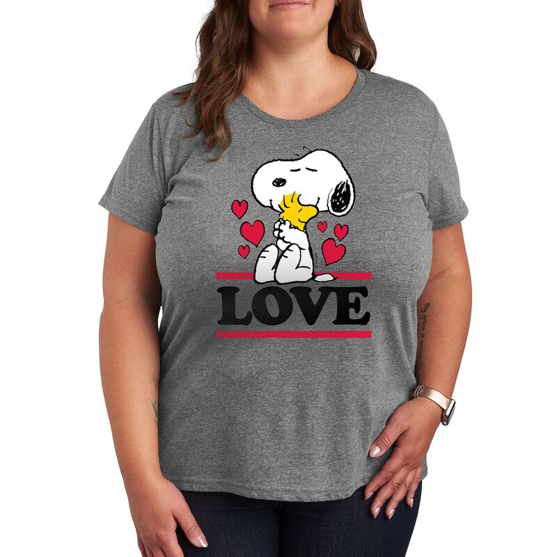 アニメキャラクター レディース トップス Tシャツ プラスサイズ グラフィック Licensed Character Plusize Peanuts Love Snoopy Woodstock Graphic Tee Heather Gray グレー