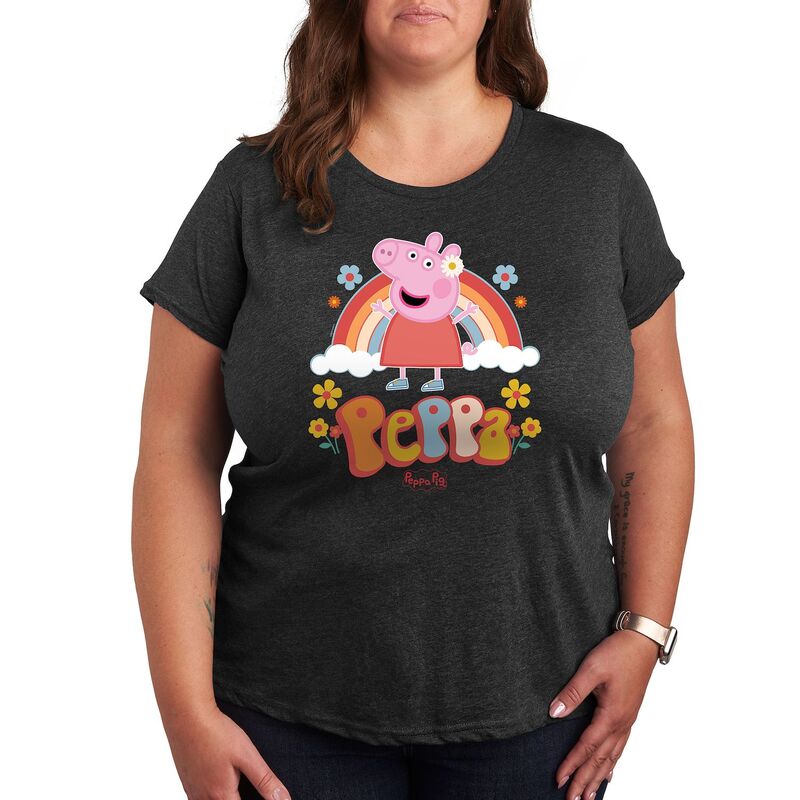 アニメキャラクター レディース トップス Tシャツ プラスサイズ グラフィック Licensed Character Plus Peppa Pig Rainbow Graphic Tee Heather Charcoal チャコール