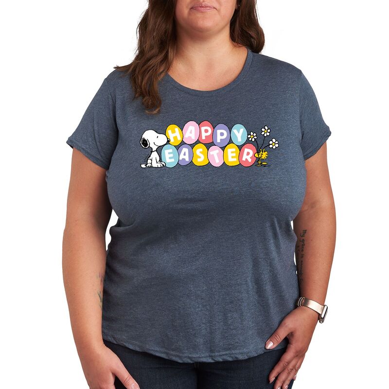 アニメキャラクター レディース トップス Tシャツ プラスサイズ グラフィック Licensed Character Plus Peanutsnoppy & Woodstock Happy Easter Color Eggs Graphic Tee Heather Blue ヘザー