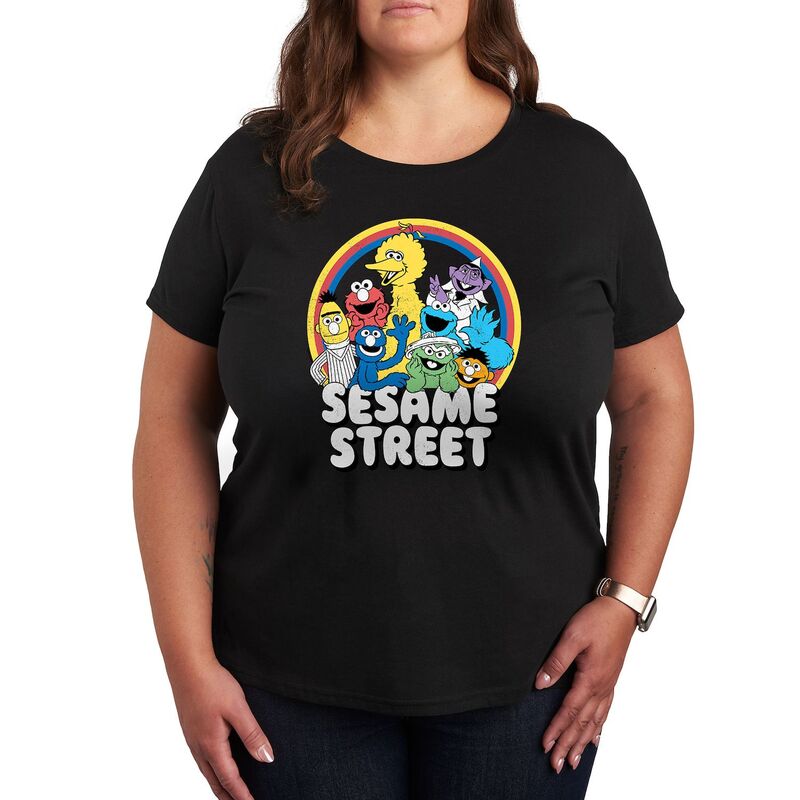 アニメキャラクター レディース トップス Tシャツ プラスサイズ グラフィック Licensed Character Plusesame Street Group Rainbow Graphic Tee Black ブラック