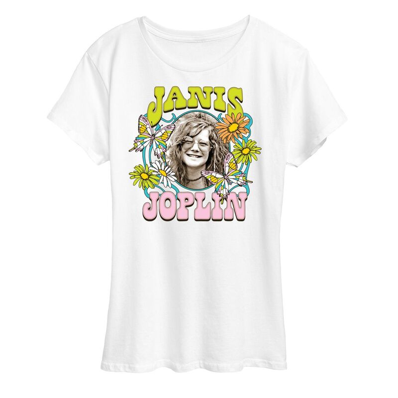 アニメキャラクター レディース トップス Tシャツ グラフィック Licensed Character Women's Janis Joplin Butterfly Flowers Graphic Tee White ホワイト