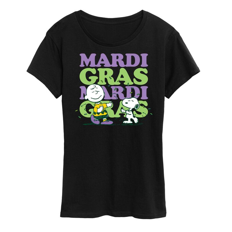 アニメキャラクター レディース トップス Tシャツ グラフィック Licensed Character Women's Peanuts Mardi Grastack Graphic Tee Black ブラック