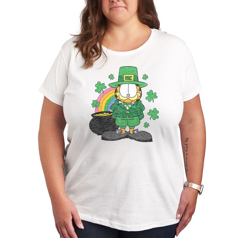 アニメキャラクター レディース トップス Tシャツ プラスサイズ グラフィック Licensed Character Plus Garfield Rainbow Shamrocks Graphic Tee White ホワイト