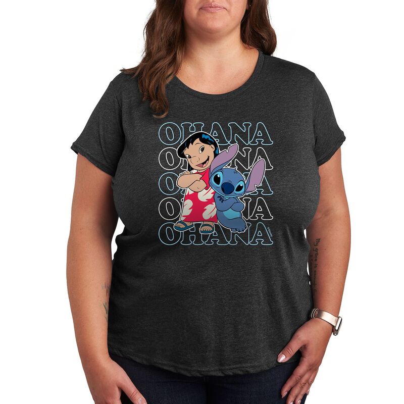 ディズニー レディース トップス Tシャツ プラスサイズ グラフィック Disney's Lilo & Stitch Plus Ohana Repeated Graphic Tee Heather Charcoal チャコール