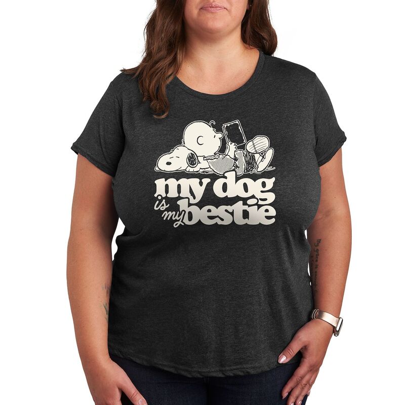 アニメキャラクター レディース トップス Tシャツ プラスサイズ グラフィック Licensed Character Plus Peanutsnoopy & Charlie Brown My Dog Is My Bestie Graphic Tee Heather Charcoal チャコール