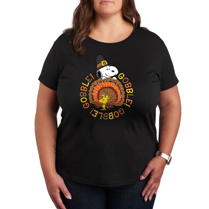 アニメキャラクター レディース トップス Tシャツ プラスサイズ グラフィック Licensed Character Plus Peanutsnoopy and Woodstock Gobble Graphic Tee Black ブラック