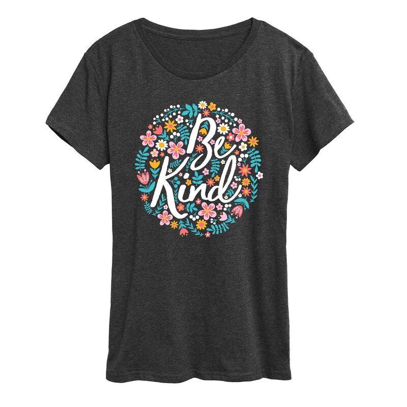 アニメキャラクター レディース トップス Tシャツ グラフィック Licensed Character Women's Be Kind Flowers Graphic Tee Heather Charcoal チャコール