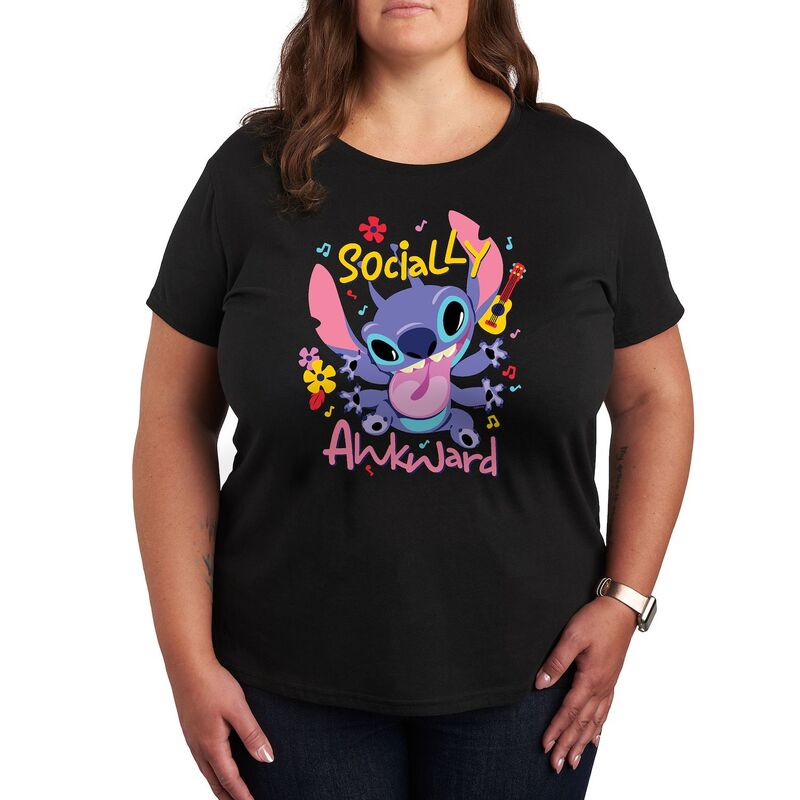 ディズニー レディース トップス Tシャツ プラスサイズ グラフィック Disney's Lilo & Stitch Plusocially Awkward Graphic Tee Black ブラック