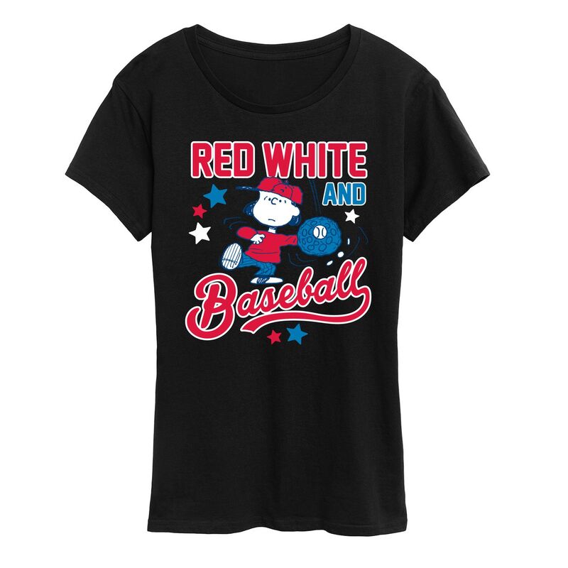 アニメキャラクター レディース トップス Tシャツ グラフィック Licensed Character Women's Peanuts Lucy Red White Baseball Graphic Tee Black ブラック