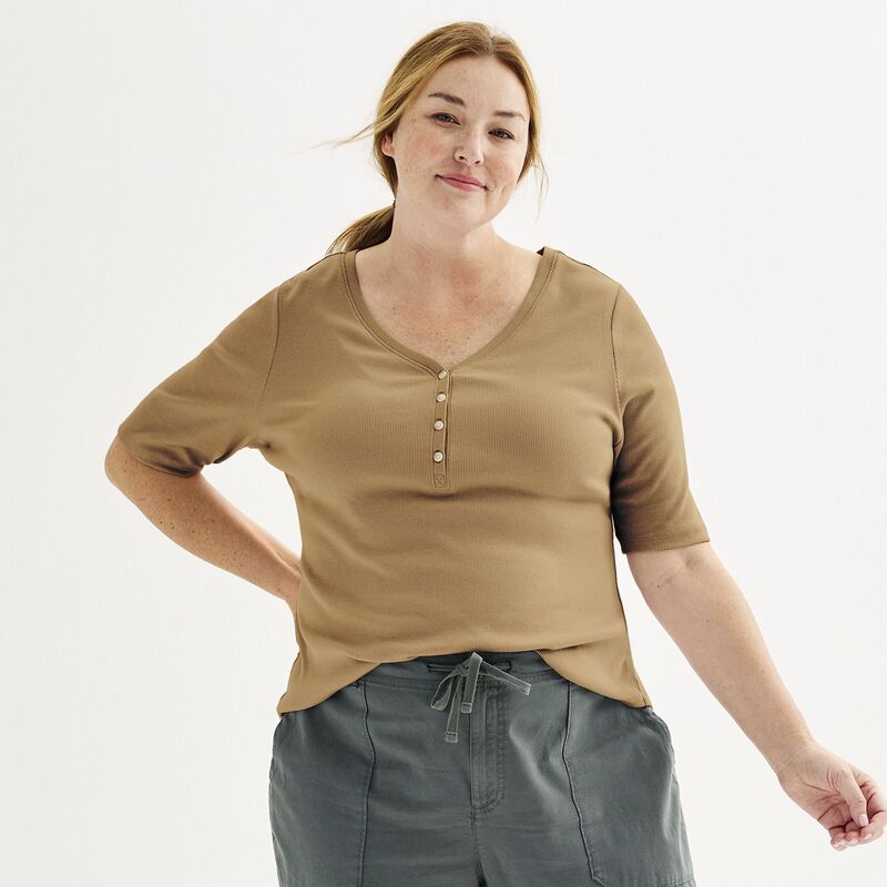 ソノマ レディース トップス Tシャツ スリムフィット プラスサイズ Plusize Sonoma Goods For Life Slim Fit Elbow Sleeve Henley Dani Khaki カーキ