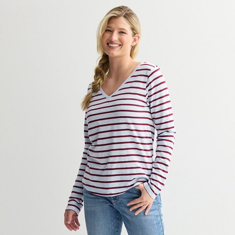 ソノマ レディース トップス Tシャツ Vネック Women'sonoma Goods For Lifeveryday Long Sleeve V-Neck T-Shirt Blue Maroon Stripe ブルー