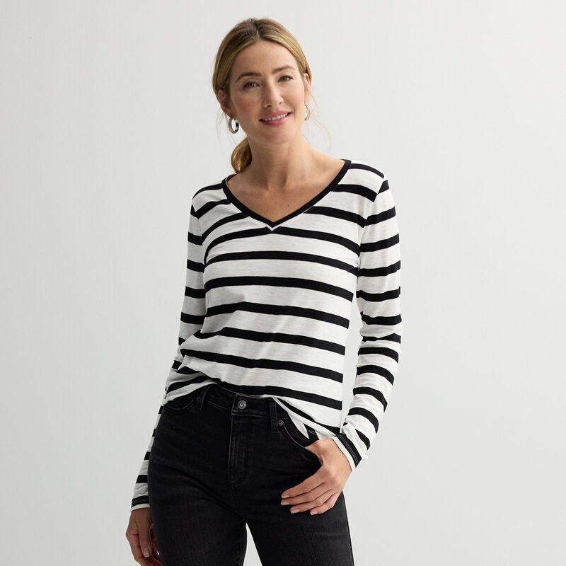 ソノマ レディース トップス Tシャツ Vネック プチ Petite Sonoma Goods For Lifeveryday Long Sleeve V-Neck T-Shirt Black Ecru Stripe エクリュ