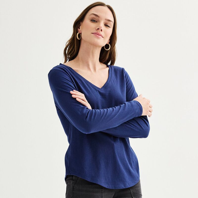 ソノマ レディース トップス Tシャツ Vネック プチ Petite Sonoma Goods For Lifeveryday Long Sleeve V-Neck T-Shirt Blue Beauty ブルー