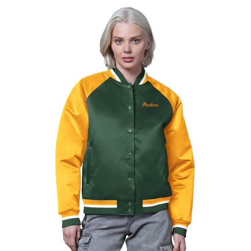 スターター レディース アウター ジャケット・ブルゾン ヴィンテージ サテン Women'starter Green/Gold Green Bay Packersatin Full-Snap Vintage Varsity Jacket Pkr Green グリーン