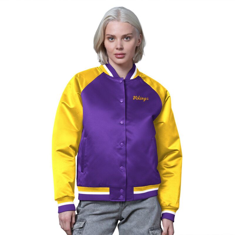 スターター レディース アウター ジャケット・ブルゾン ヴィンテージ サテン Women'starter Purple/Gold Minnesota Vikingsatin Full-Snap Vintage Varsity Jacket Mvk Purple パープル