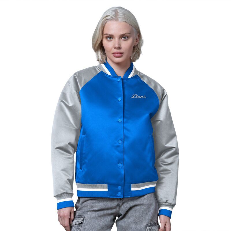 スターター レディース アウター ジャケット・ブルゾン ヴィンテージ サテン Women'starter Blue/Silver Detroit Lionsatin Full-Snap Vintage Varsity Jacket Lns Blue ブルー