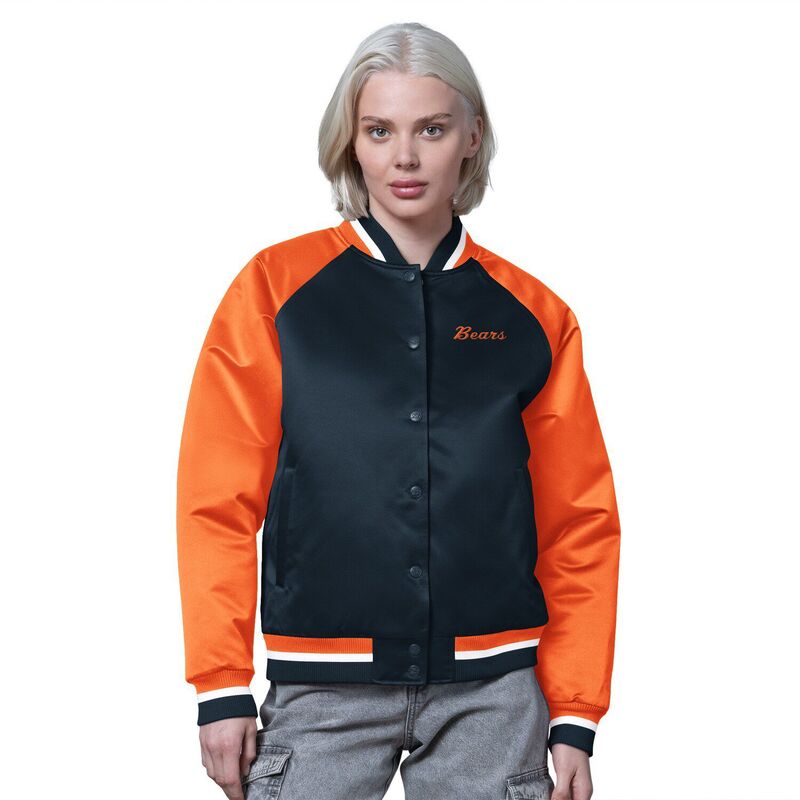 スターター レディース アウター ジャケット・ブルゾン ヴィンテージ サテン Women'starter Navy/Orange Chicago Bearsatin Full-Snap Vintage Varsity Jacket Brs Navy ネイビー