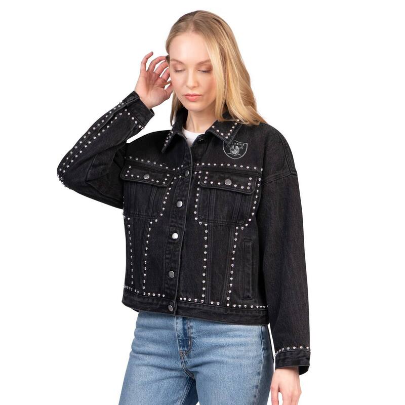 ジースリー フォーハー バイ 長い巻き毛 バンクス レディース アウター 上衣・上衣 ジーンズ Women\u0027s G-III 4Her by Carl Banks Black Las Vegas Raiders Pit Stop Crew II Full-Button Denim Jacket Lvr Black 黒いこと