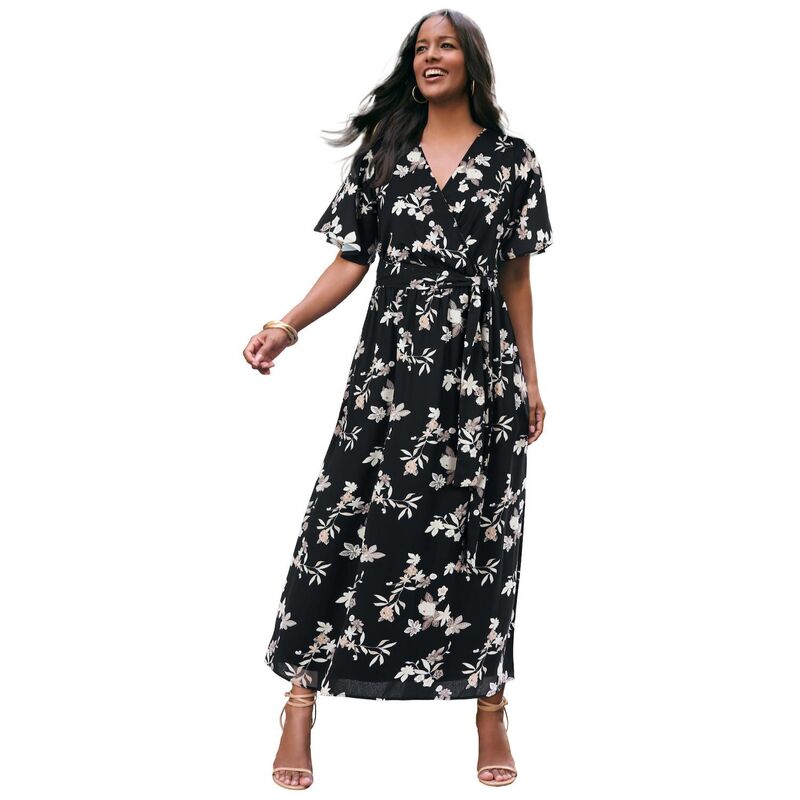 ロアマンズ レディース トップス ワンピース ジョーゼット プラスサイズ マキシ Roaman's Women's Plusize Georgette Faux Wrap Maxi Dress Black Batik Vines ブラック 26,134円