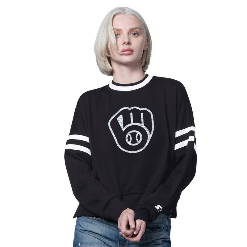 スターター レディース トップス Tシャツ クルーネック ドロップショルダー スウェット クロップド Women'starter Black Milwaukee Brewers Rally Croppedrop Shoulder Crewneck Sweatshirt Brw Black ブラック