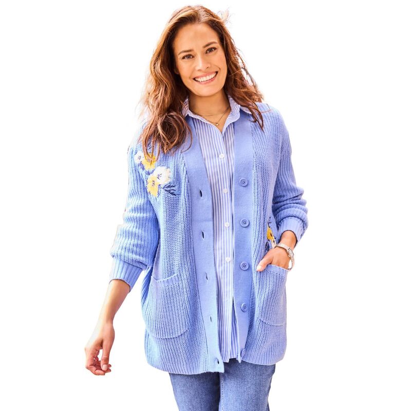 ウーマン ウィズイン レディース アウター ニット・セーター プラスサイズ カーディガン 刺繍 Woman Within Plusizembroidered Shaker Cardigan French Blue Petal ブルー