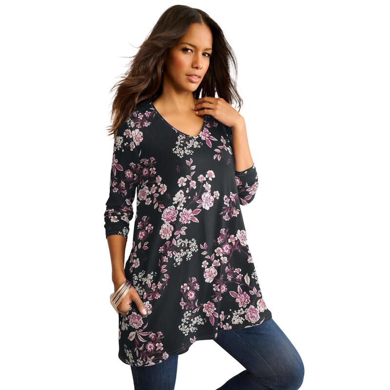 ロアマンズ レディース トップス プルオーバー V素っ首 ドレープラスサイズ Roaman\u0027s Women\u0027s Plusize Ultra Drape V Neck Swing Tunic Black Rose Garden 黒いこと