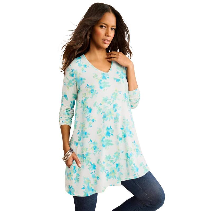 ロアマンズ レディース トップス プルオーバー V素っ首 ドレープラスサイズ Roaman\u0027s Women\u0027s Plusize Ultra Drape V Neck Swing Tunic White Tie Dye Flowers 白いこと