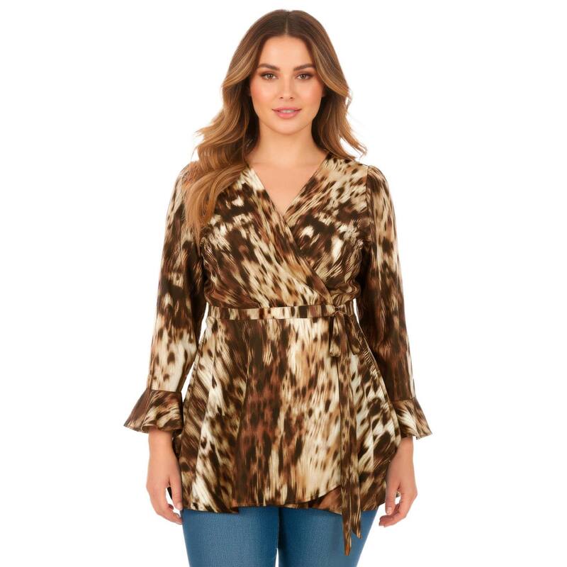 アベニュー レディース トップス シャツ プラスサイズ Avenue Women's Plusize Wrapeplum Top Neutral Brushed Animal アニマル