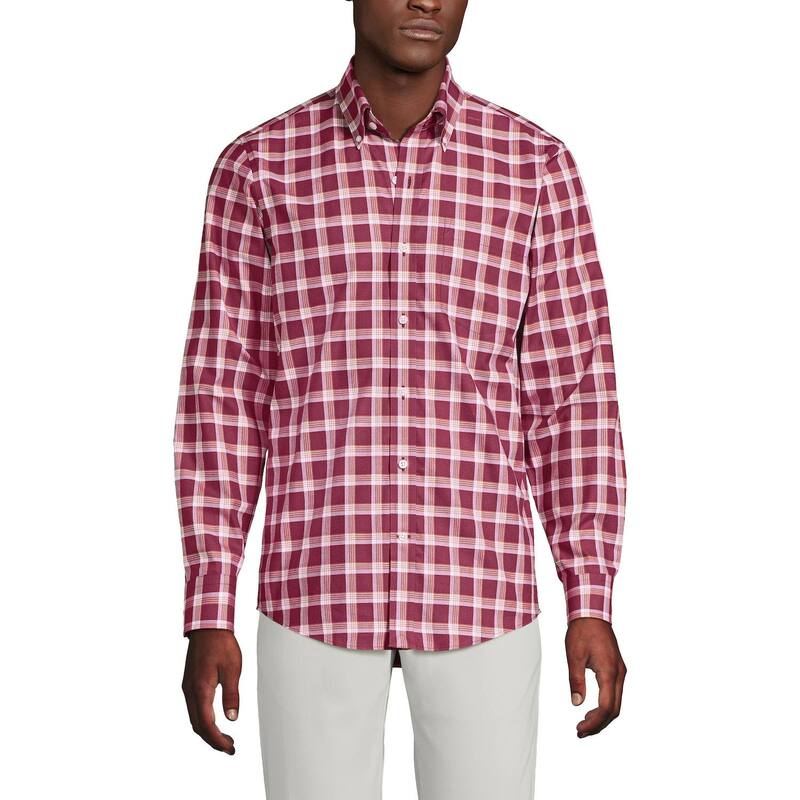 ランズエンド メンズ トップス Tシャツ ダウン Men's Lands' End Traditional-Fit No-Iron Twill Button-Down Shirt Burgundy Plaid バーガンディ