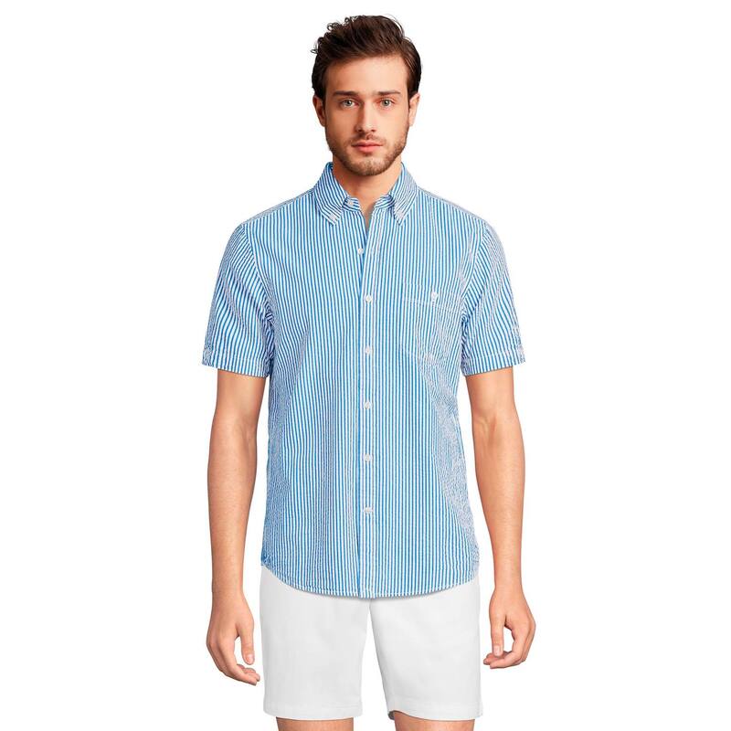 ランズエンド メンズ トップス Tシャツ ダウン Men's Lands' End Button-Down Seersucker Shirt Cobalt Pin Stripe コバルト