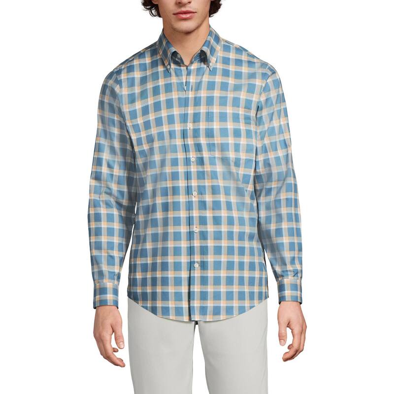 ランズエンド メンズ トップス Tシャツ Men's Lands' End Tailored Fit No Iron Twillong Sleeve Shirt Soft Peacock Plaid チェック