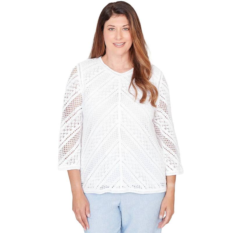 アルフレッド ダナー レディース アウター ニット・セーター クルーネック プチ Petite Alfredunner Chevron Crochet Crew Neck Sweater White ホワイト