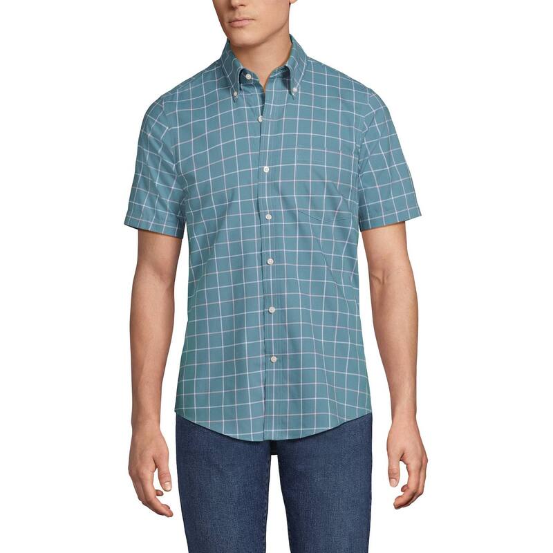 ランズエンド メンズ トップス Tシャツ ダウン Men's Lands' End Traditional-Fit No-Iron Button-Down Sport Shirt Rain Blue Windowpane ブルー