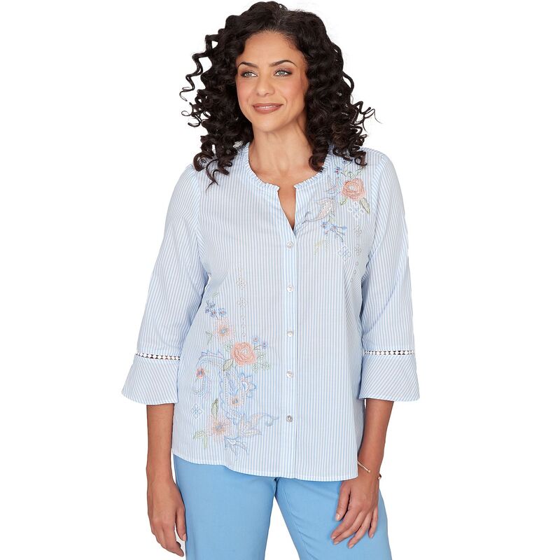 アルフレッド ダナー レディース トップス シャツ フラワー柄 プチ ダウン 刺繍 フラワー Petite Alfredunner Striped Floral Embroidered Button-Down Top Blue ブルー