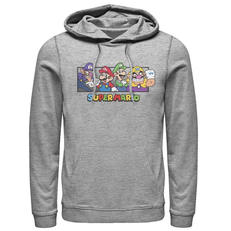 アニメキャラクター メンズ トップス Tシャツ パーカー Licensed Character Men'super Mario Bros. Character Collage Portrait Hoodie Athletic Heather ヘザー