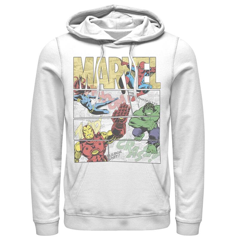 アニメ文字記号 メンズ トップス プルオーバー パーカー Licensed Character Men\u0027s Marvel Retro Avengers Comic Panel Build-Up Hoodie White 白いこと