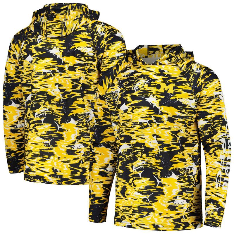 コロンビア メンズ トップス Tシャツ Men's Columbia Navy Michigan Wolverines PFG Terminal Tackle Omni-Shade Rippled Long Sleeve Hooded T-Shirt Mic Navy ネイビー