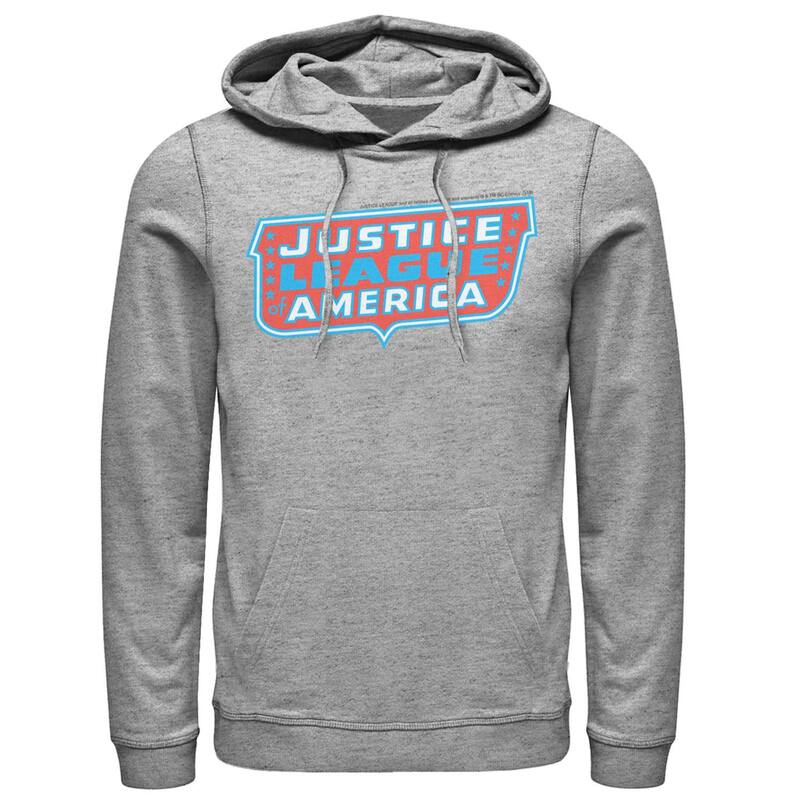 アニメ文字記号 メンズ トップス プルオーバー ロゴタイプ パーカー Licensed Character Men\u0027s DComics Justice League Of America Text Poster Logo Hoodie Athletic Heather ギョリュウモドキ