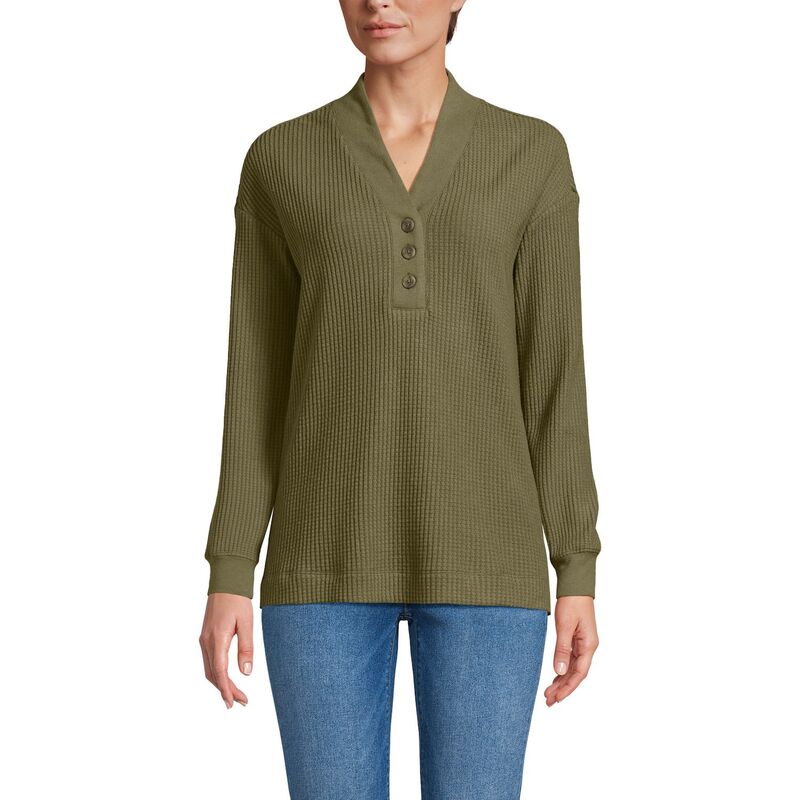 ランズ挙げ句の果て レディース トップス プルオーバー Women\u0027s Lands\u0027 End Waffle Shawl Collar Henley Long Sleeve Top Olive Drab オリーブ