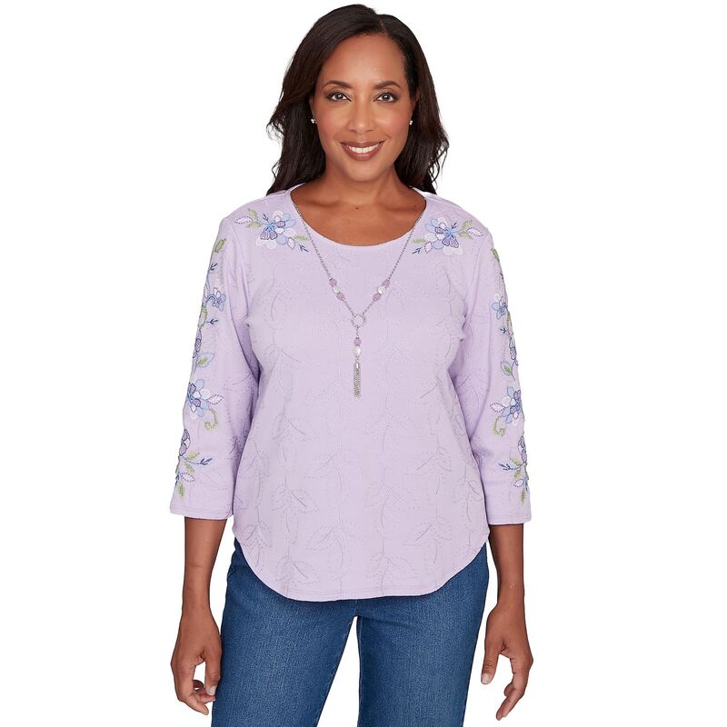 アルフレッド ダナー レディース トップス Tシャツ プチ 刺繍 レース Petite Alfredunner Embroidered Sleeve Textured Top with Necklace Lilac ライラック