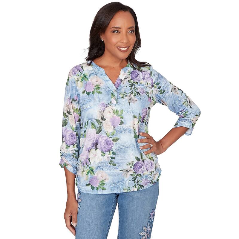アルフレッド ダナー レディース トップス Tシャツ フラワー柄 プチ デニム フラワー Petite Alfredunner Denim Floral Applique Henley Top Blue Multi ブルー