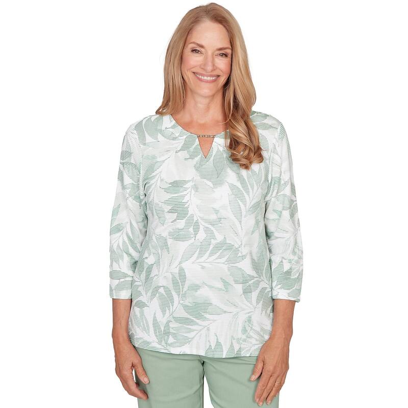 アルフレッド ダナー レディース トップス Tシャツ プチ プリント Petite Alfredunner Monotone Leaf Print Split Neck Top Celery