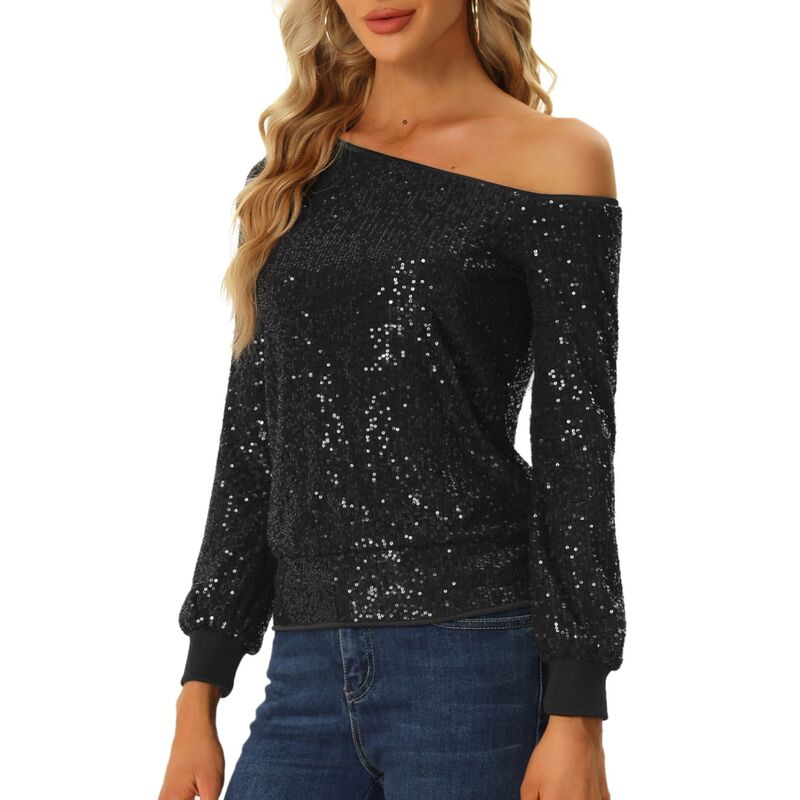 アレグラ ケー レディース トップス Tシャツ スパンコール ALLEGRA K One Shoulder Sequin Tops for Women Long Sleeve Holiday Party Sparkly Top Black ブラック