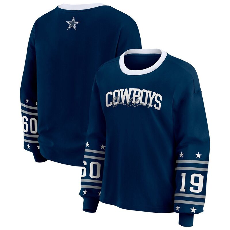 お召しもの バイ エリン アンド濫りがわしい レディース トップス ティーシャツ 長袖 Women\u0027s WEAR by Erin Andrews Navy Dallas Cowboysport Long-Sleeve T-Shirt Cow Navy 米国海軍 トップス-Tシャツ・カットソー